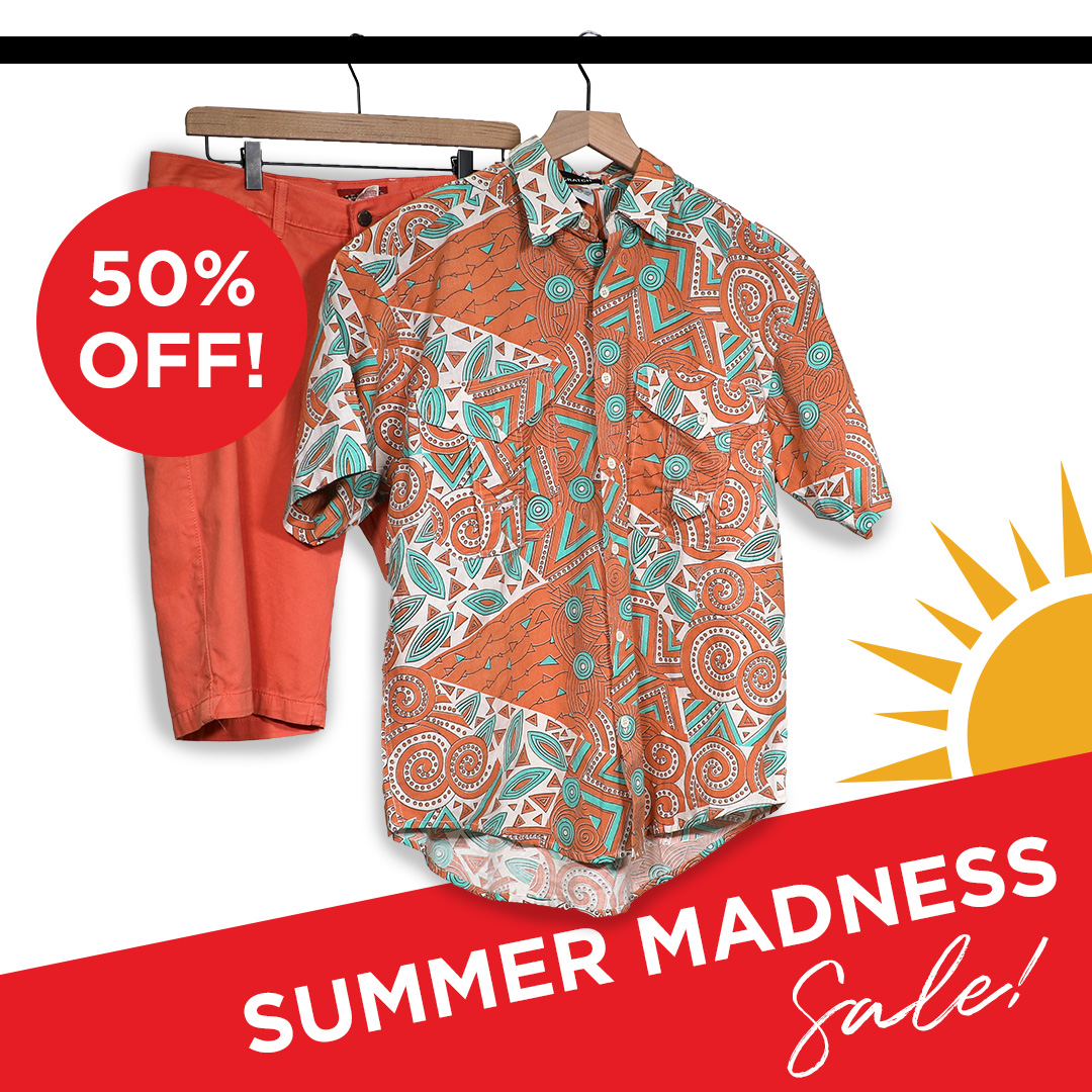 Mens button up shirt and orange shorts on hangers. summer madness sale