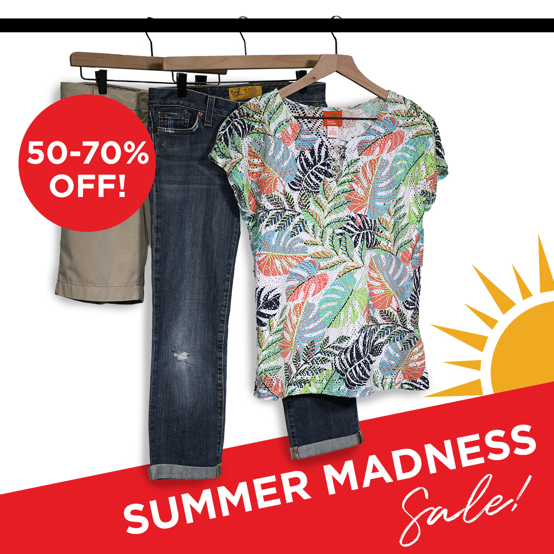 Womens floral shirt with jeans and shorts on hanger. summer madness sale 