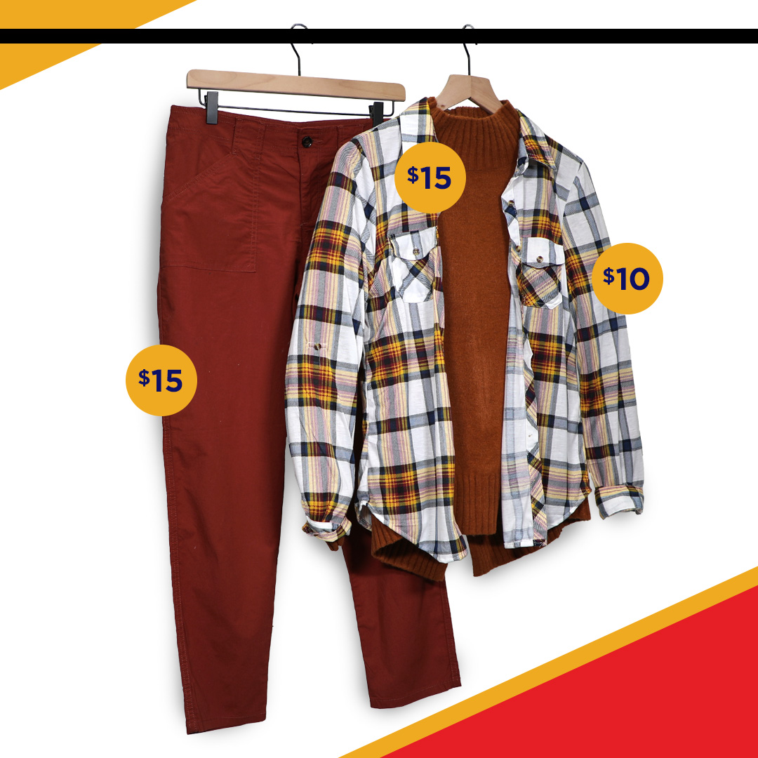 fall clothing: orange pants and a shirt with a flannel jacket