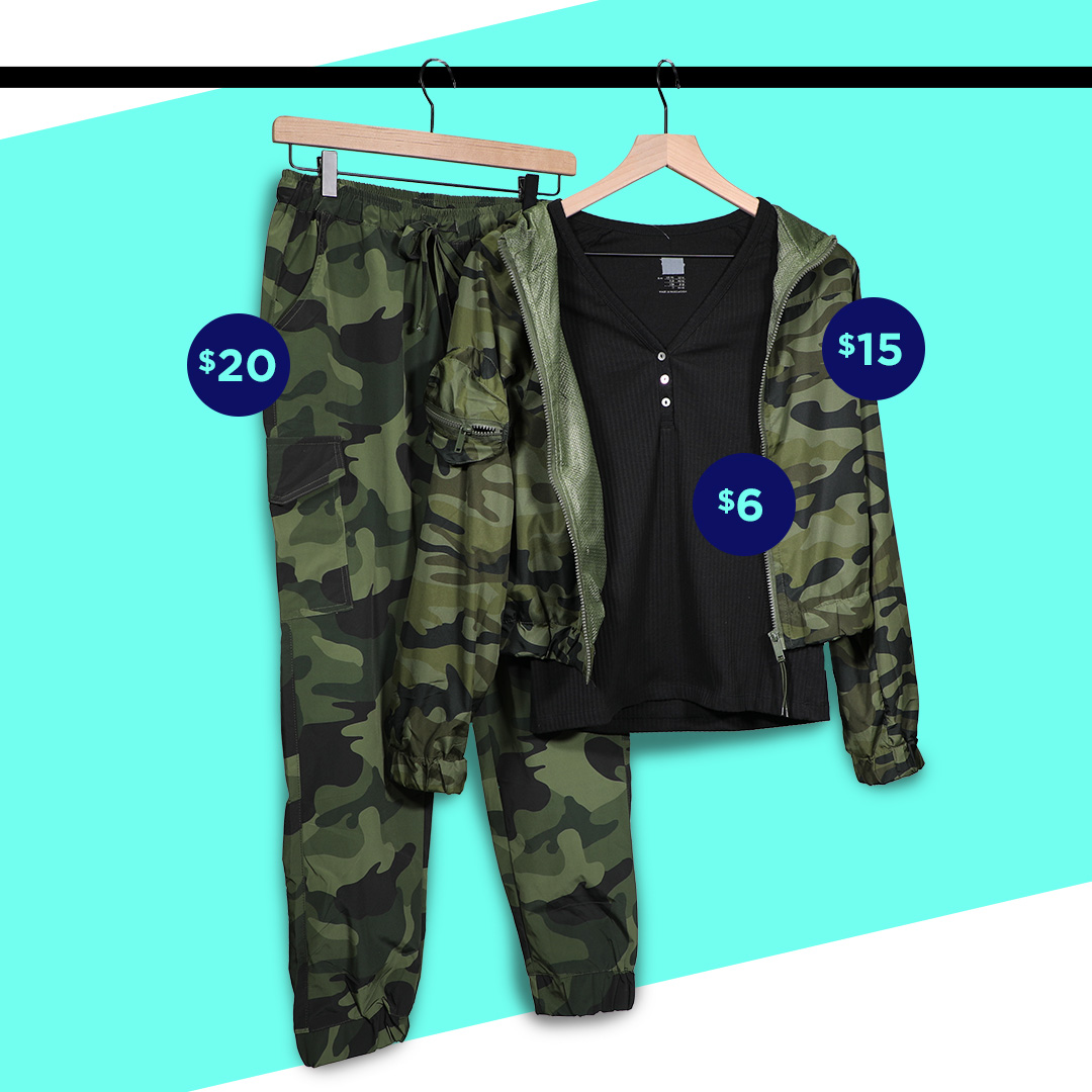 juniors clothing, camo pants and jacket on clothing rack